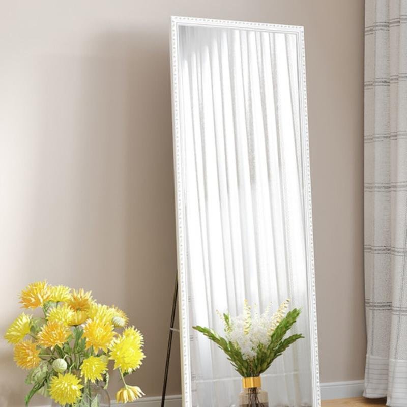 مرآة أرضية معدنية كاملة الطول بتصميم خشبي 160 × 50 سم، لون أبيض/فضي