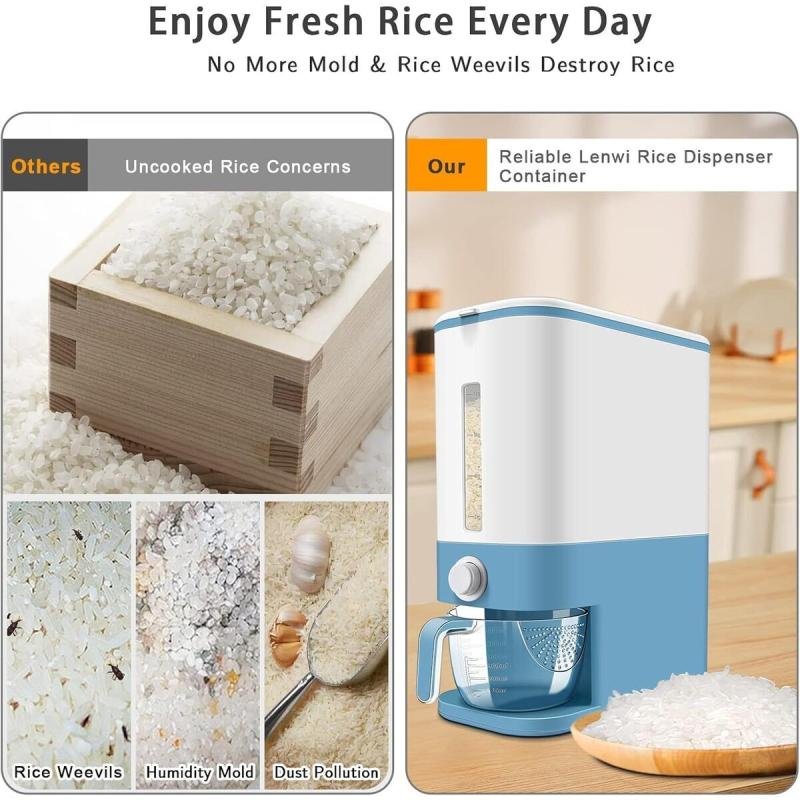 موزع الحبوب بسعة 11لتر مع كوب قياس بدرج واحد محكم الغلق ومقاوم للرطوبة لتخزين الأرز و كورن فليكس