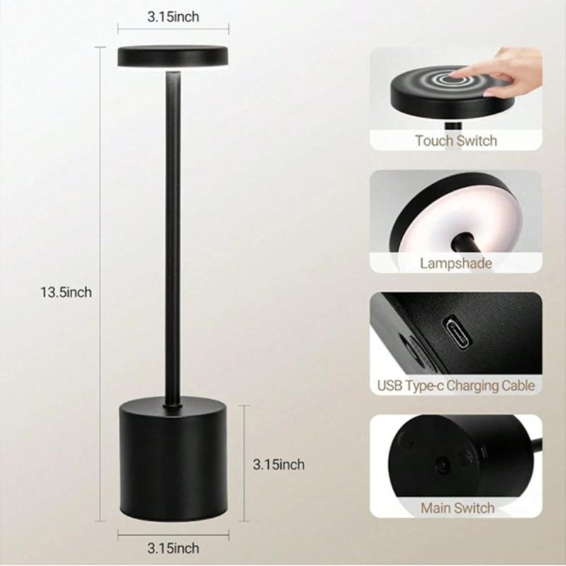 مصباح مكتبي لاسلكي قابل لإعادة الشحن بقوة 3600 مللي أمبير/ساعة، مصباح مكتبي اسود محمول معدني.