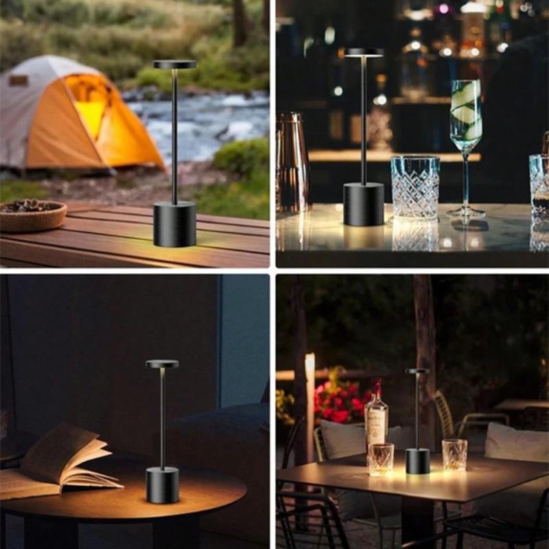 مصباح مكتبي لاسلكي قابل لإعادة الشحن بقوة 3600 مللي أمبير/ساعة، مصباح مكتبي اسود محمول معدني.