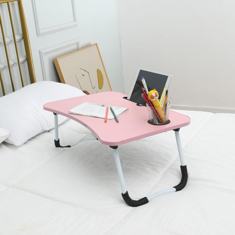 طاولة لابتوب للسرير محمولة قابلة للطي مع حامل أكواب للعمل وتناول الطعام والكتابة، لون زهري