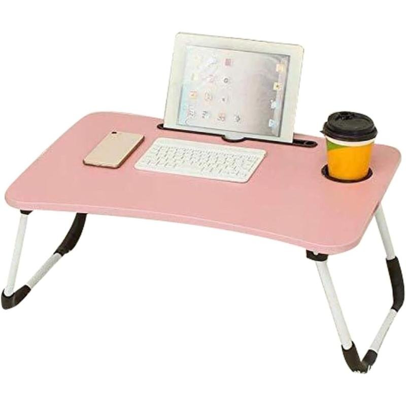 طاولة لابتوب للسرير محمولة قابلة للطي مع حامل أكواب للعمل وتناول الطعام والكتابة، لون زهري