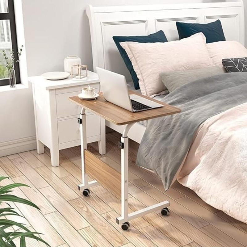طاولة كمبيوتر محمول قابلة للتعديل، 60×40 سم، خشبي مع عجلات للسرير والأريكة