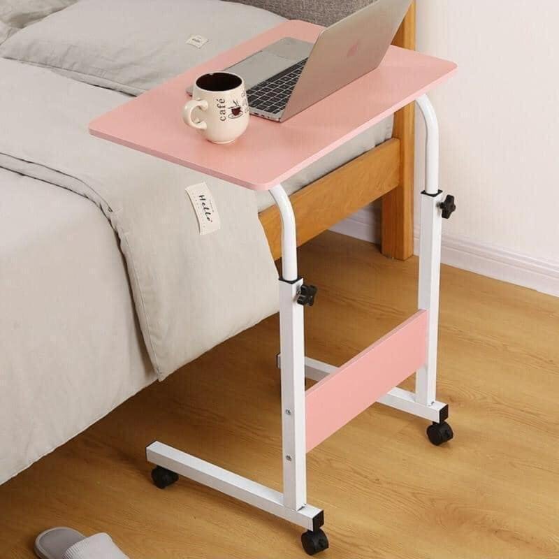 🖥️ طاولة لابتوب بعجلات قابلة للتعديل 90 * 40 سم,مكتب كمبيوتر متنقل للبيت والمكتب لون بينك,زهري