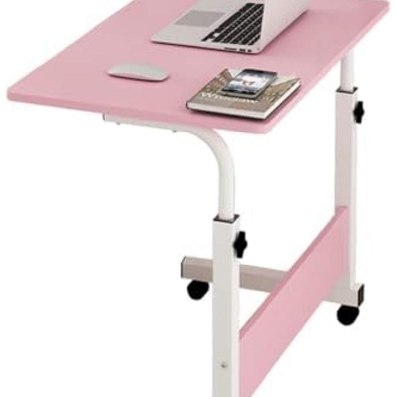 🖥️ طاولة لابتوب بعجلات قابلة للتعديل 90 * 40 سم,مكتب كمبيوتر متنقل للبيت والمكتب لون بينك,زهري