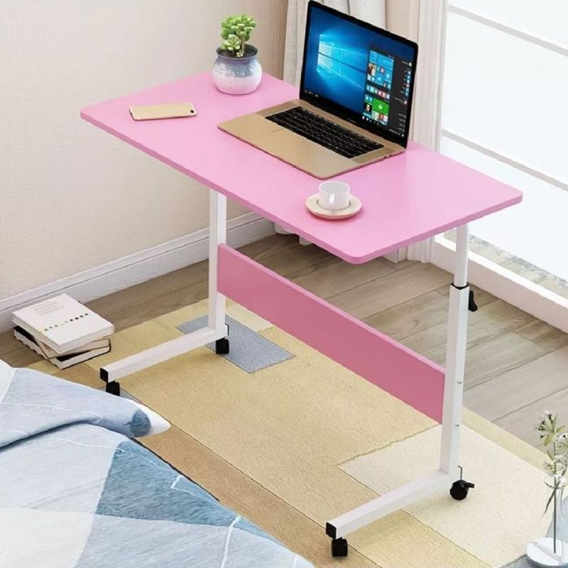 🖥️ طاولة لابتوب بعجلات قابلة للتعديل 90 * 40 سم,مكتب كمبيوتر متنقل للبيت والمكتب لون بينك,زهري