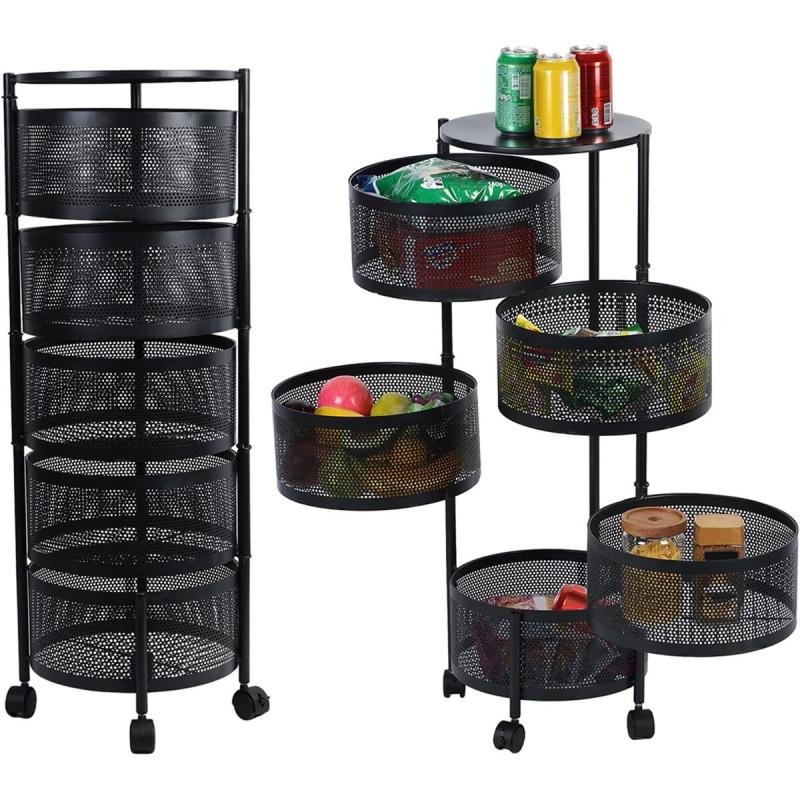 سلة تخزين بتصميم مستدير دوار مكون من 5 طبقات مع غطاء علوي تخزين للمطبخ قابل للنقل مع عجلات