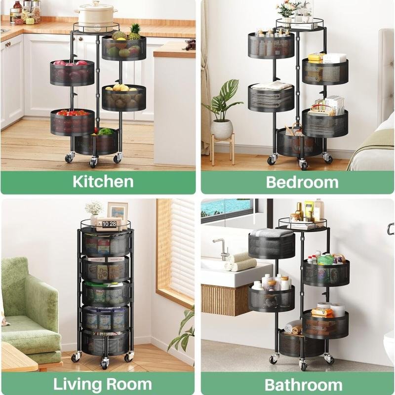 سلة تخزين بتصميم مستدير دوار مكون من 5 طبقات مع غطاء علوي تخزين للمطبخ قابل للنقل مع عجلات