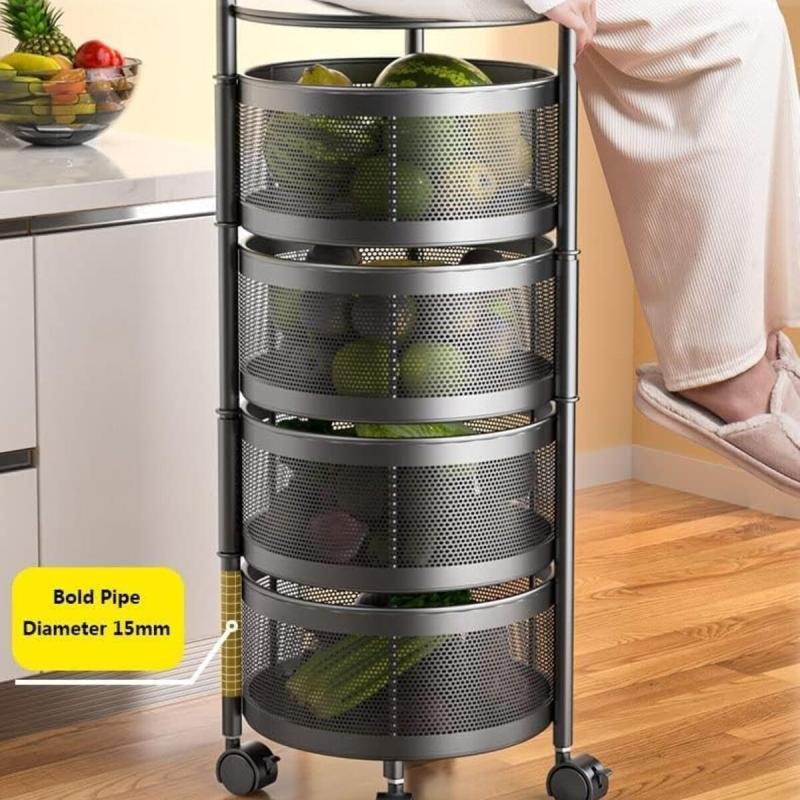 سلة تخزين بتصميم مستدير دوار مكون من 5 طبقات مع غطاء علوي تخزين للمطبخ قابل للنقل مع عجلات