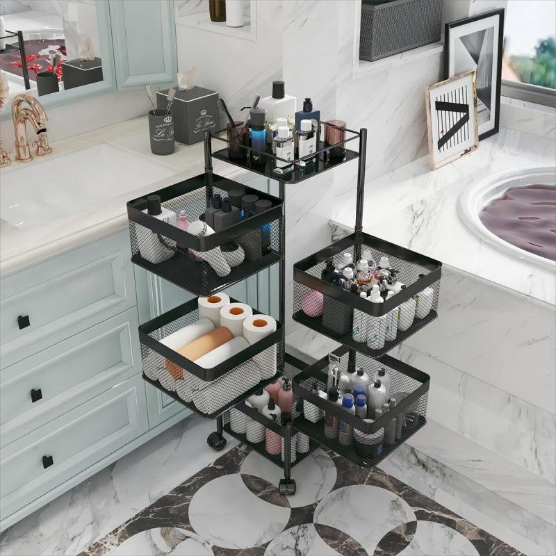 سلة تخزين مكون من 5 طبقات بتصميم مربع دوار قابل للنقل مع عجلات لتخزين الفواكه والخضراوات في المطبخ