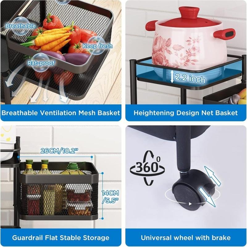 سلة تخزين مكون من 5 طبقات بتصميم مربع دوار قابل للنقل مع عجلات لتخزين الفواكه والخضراوات في المطبخ