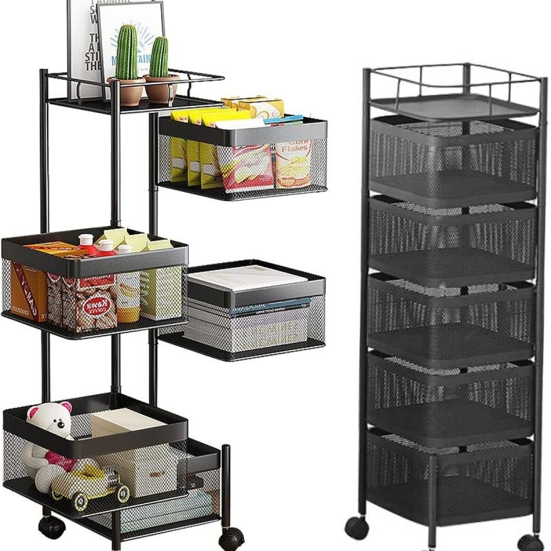 سلة تخزين مكون من 5 طبقات بتصميم مربع دوار قابل للنقل مع عجلات لتخزين الفواكه والخضراوات في المطبخ