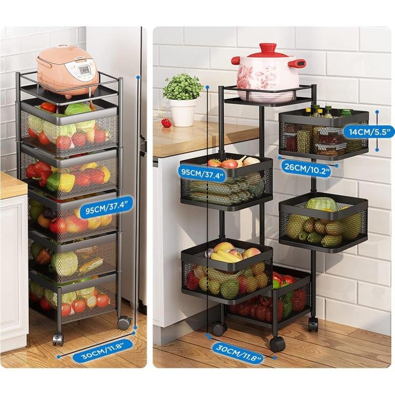 سلة تخزين مكون من 5 طبقات بتصميم مربع دوار قابل للنقل مع عجلات لتخزين الفواكه والخضراوات في المطبخ