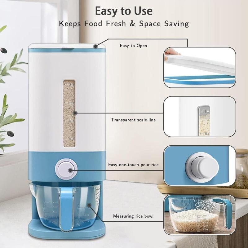 موزع حبوب سعة 8 لتر مع كوب قياس، درج واحد، مقاوم للرطوبة لتخزين الأرز و حبوب كورن فليكس