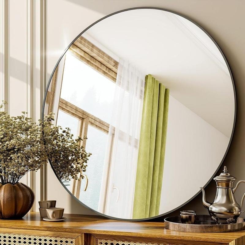 مرآة دائرية سوداء باطار معدني مقاس 50 × 50 سم مرايا جدارية لغرفة المعيشة، غرفة النوم، الحمام