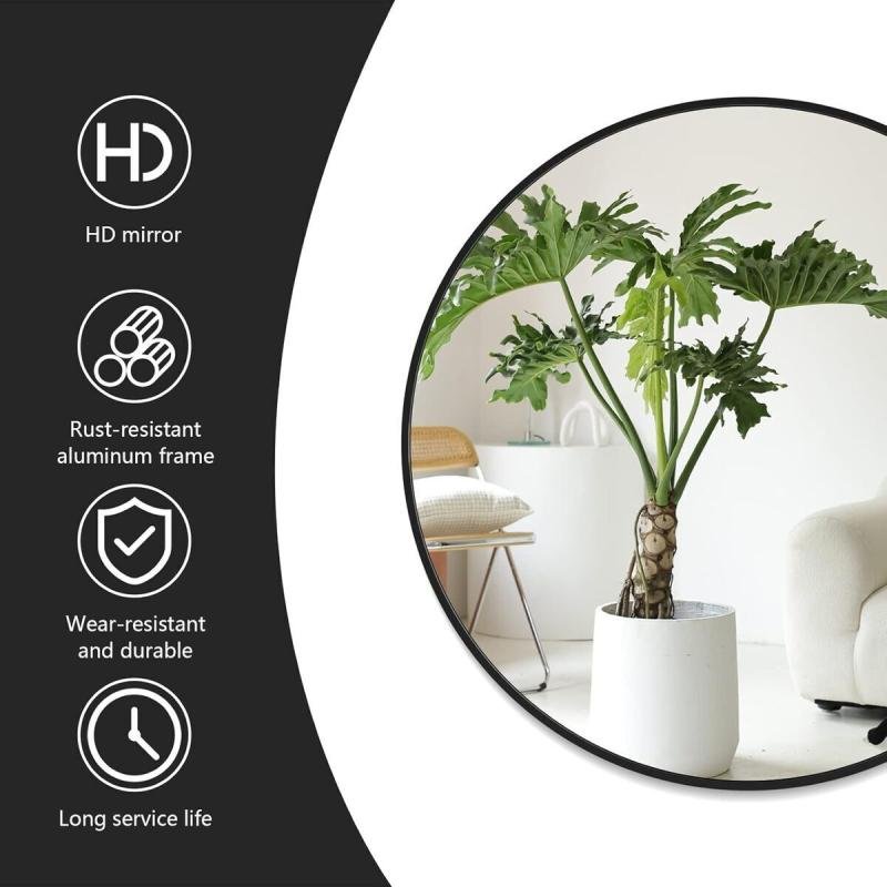 مرآة دائرية سوداء باطار معدني مقاس 50 × 50 سم مرايا جدارية لغرفة المعيشة، غرفة النوم، الحمام