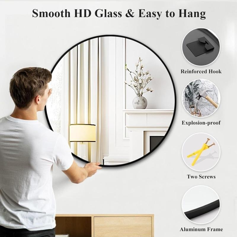 مرآة دائرية سوداء باطار معدني مقاس 50 × 50 سم مرايا جدارية لغرفة المعيشة، غرفة النوم، الحمام
