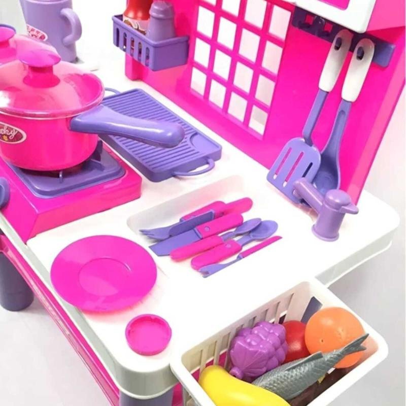 👨‍🍳 مطبخ بنات للاطفال مكون من 30 قطعة و طعام تفاعلي صغيرة للبنات مع موقد طبخ وخضروات و فاكهة