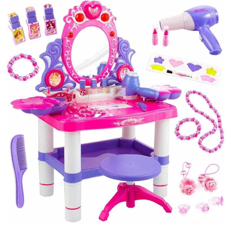 👑 طاولة مكياج فانيتي بيوتي للبنات 16قطعة مع مرآة وأضواء وأصوات ومجفف شعر وكرسي صغير ✨