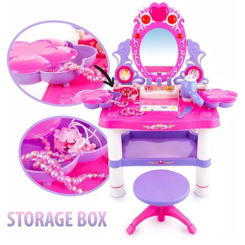 👑 طاولة مكياج فانيتي بيوتي للبنات 16قطعة مع مرآة وأضواء وأصوات ومجفف شعر وكرسي صغير ✨