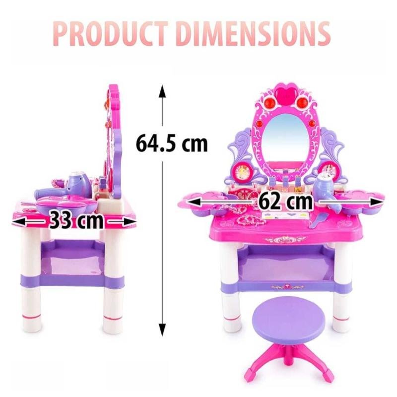 👑 طاولة مكياج فانيتي بيوتي للبنات 16قطعة مع مرآة وأضواء وأصوات ومجفف شعر وكرسي صغير ✨