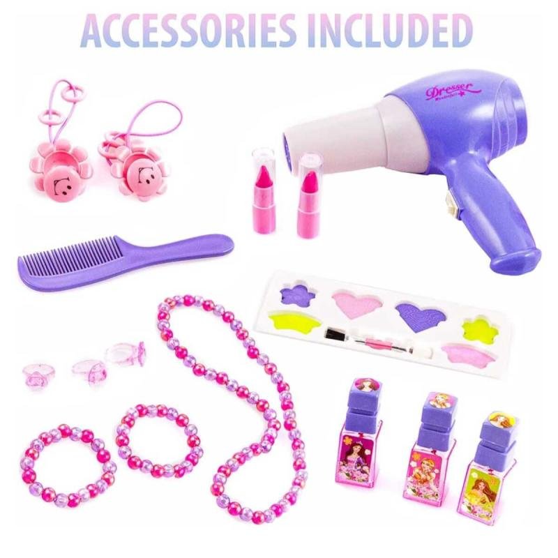 👑 طاولة مكياج فانيتي بيوتي للبنات 16قطعة مع مرآة وأضواء وأصوات ومجفف شعر وكرسي صغير ✨