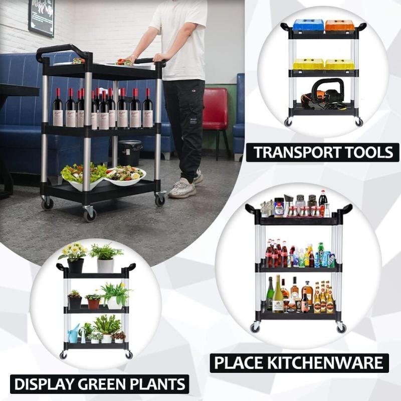 عربة تقديم طعام 3 طبقات قوية – عجلات قفل وبلاستيك متين – مثالية للكوفي شوب والمطبخ والعيادات,المكاتب