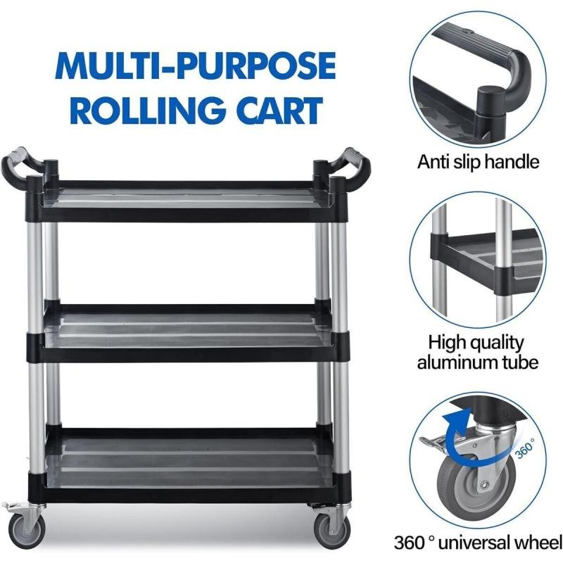 عربة تقديم طعام 3 طبقات قوية – عجلات قفل وبلاستيك متين – مثالية للكوفي شوب والمطبخ والعيادات,المكاتب