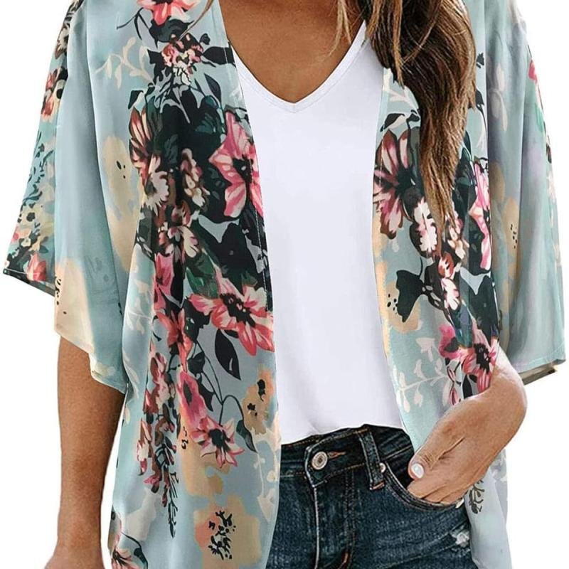 كارديجان كيمونو صيفي فضفاض طويل للنساء من بونكا (أزرق فاتح مزهر)