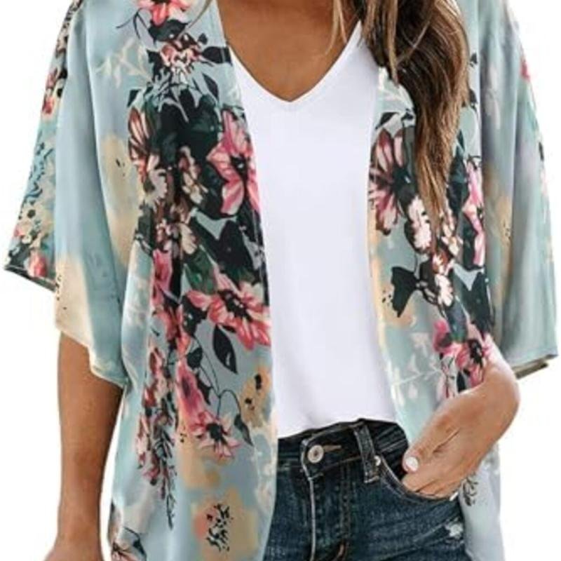 كارديجان كيمونو صيفي فضفاض طويل للنساء من بونكا (أزرق فاتح مزهر)