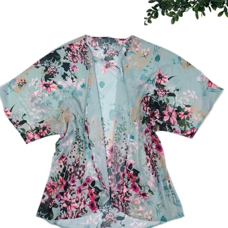 كارديجان كيمونو صيفي فضفاض طويل للنساء من بونكا (أزرق فاتح مزهر)