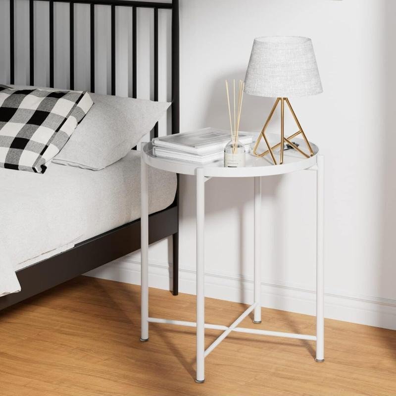 طاولة جانبية معدنية قابلة للطي، طاولة جانبية صغيرة مستديرة، طاولة أريكة، طاولة قهوة مضادة للصدأ