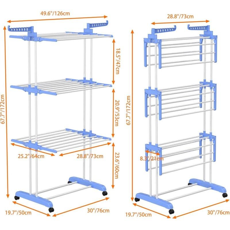 رف تجفيف الملابس القابل للطي مع 4 طبقات قابلة للتعديل من الفولاذ المقاوم للصدأ - منشر ملابس ثلاثي