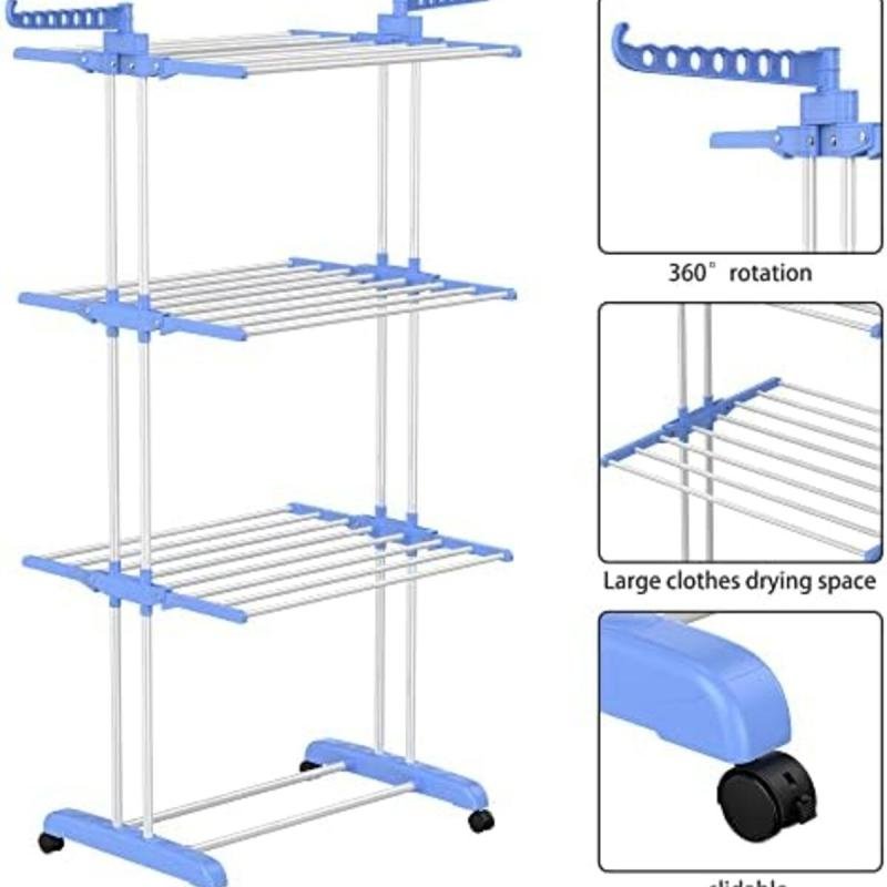 رف تجفيف الملابس القابل للطي مع 4 طبقات قابلة للتعديل من الفولاذ المقاوم للصدأ - منشر ملابس ثلاثي