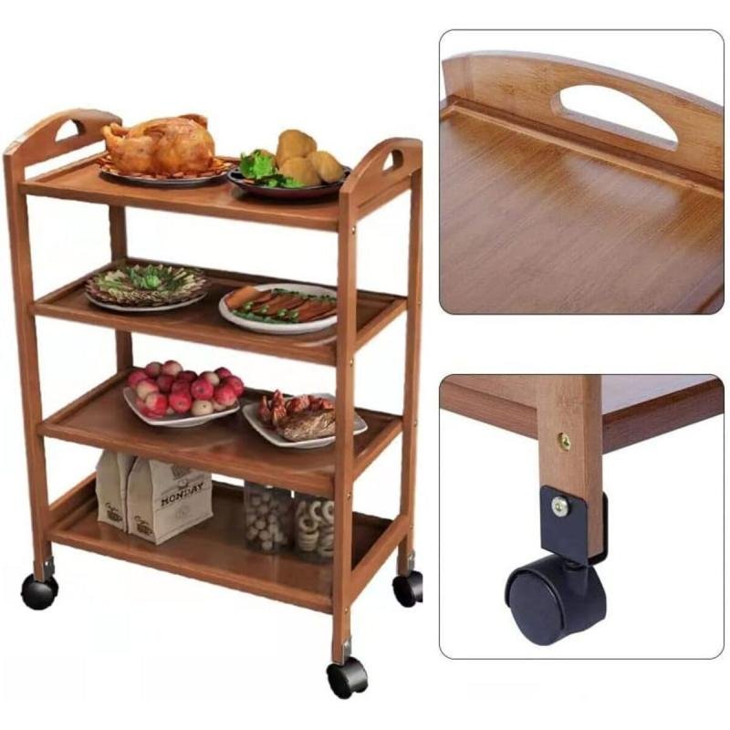 عربة مطبخ متحركة 4 طبقات من الخيزران,منظم تخزين بعجلات للمطبخ والحفلات,تصميم أنيق وخفيف وسهل الحركة