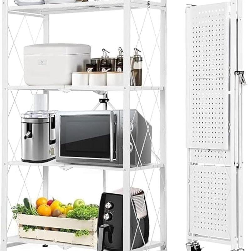 رفوف تخزين قابلة للطي مع عجلات، 4 طبقات، أبيض