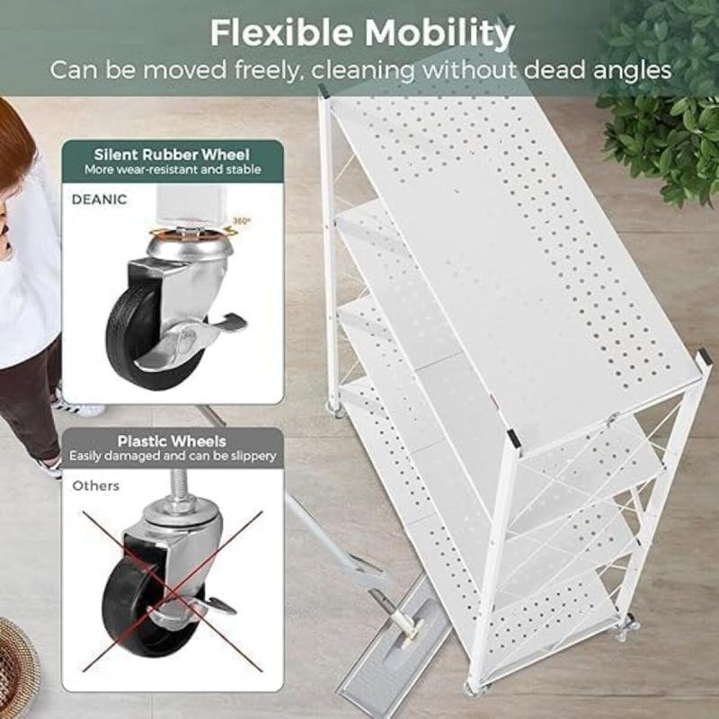 رفوف تخزين قابلة للطي مع عجلات، 4 طبقات، أبيض