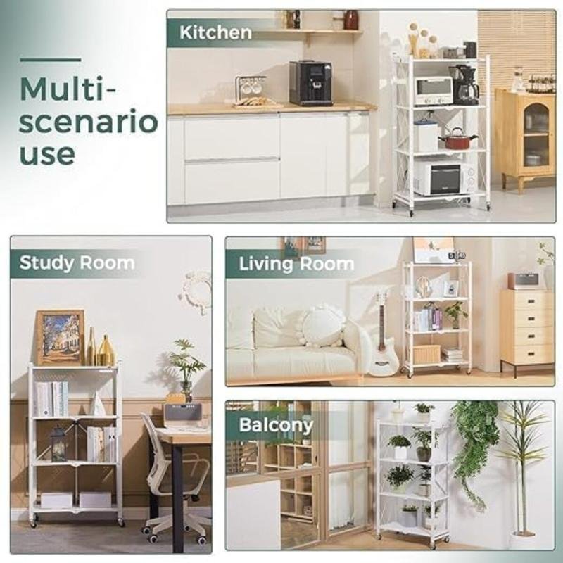 رفوف تخزين قابلة للطي مع عجلات، 4 طبقات، أبيض