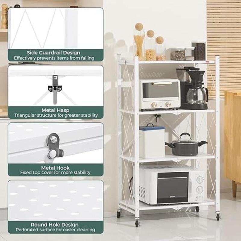 رفوف تخزين قابلة للطي مع عجلات، 4 طبقات، أبيض