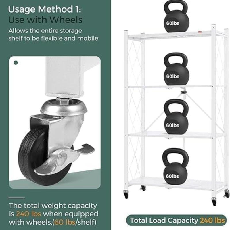 رفوف تخزين قابلة للطي مع عجلات، 4 طبقات، أبيض
