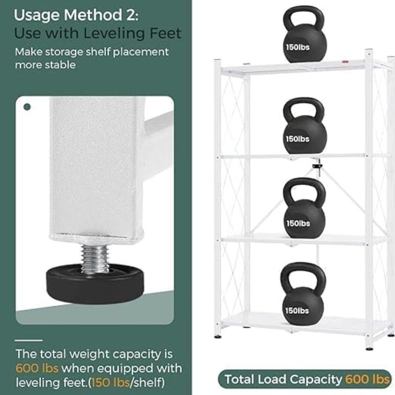 رفوف تخزين قابلة للطي مع عجلات، 4 طبقات، أبيض