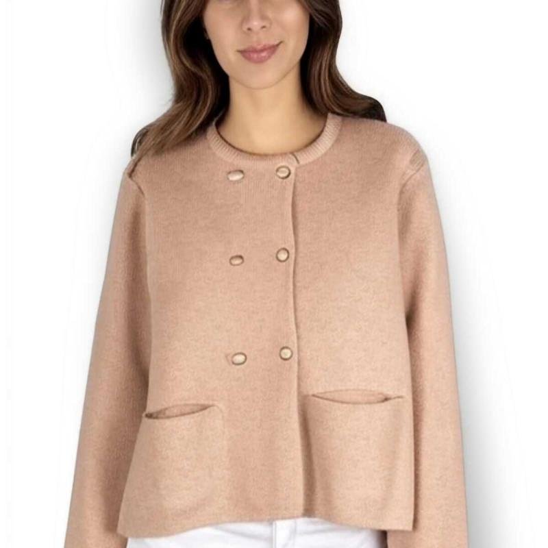 جاكيت صوف طويل بلون الجمل مع أزرار وجيوب للنساء والفتيات من