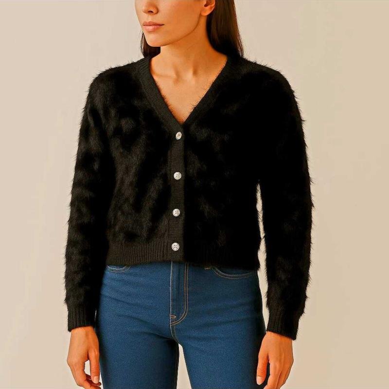 جاكيت قصير من الموهير الأسود برقبة على شكل حرف V للنساء والفتيات من