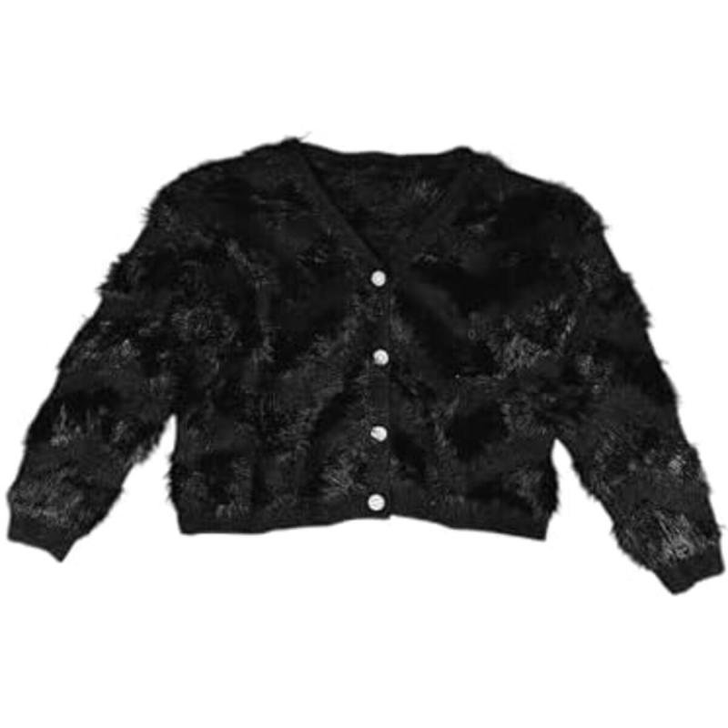 جاكيت قصير من الموهير الأسود برقبة على شكل حرف V للنساء والفتيات من