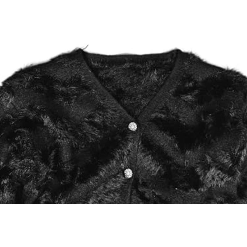 جاكيت قصير من الموهير الأسود برقبة على شكل حرف V للنساء والفتيات من