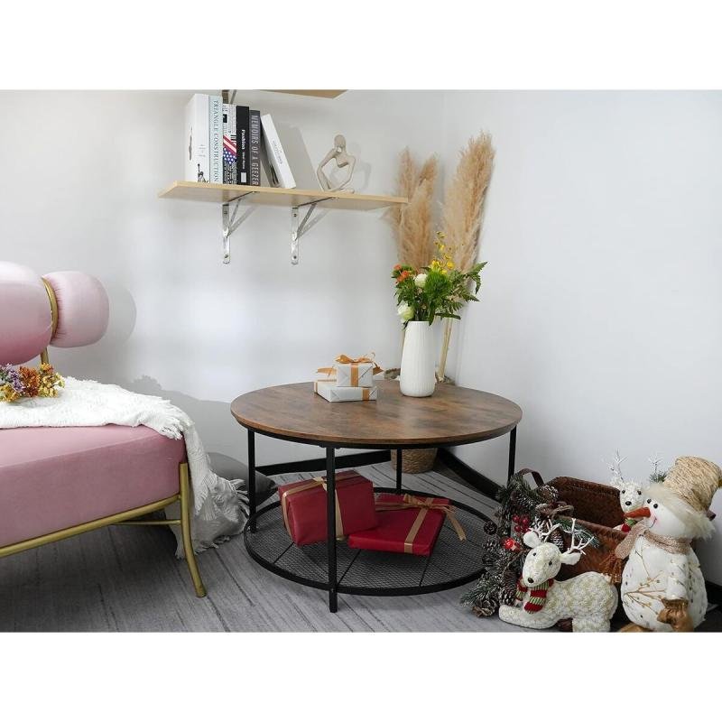 طاولة قهوة جانبية مستديرة مع رفين مفتوحين للتخزين لغرفة المعيشة 80 × 80 × 45 سم