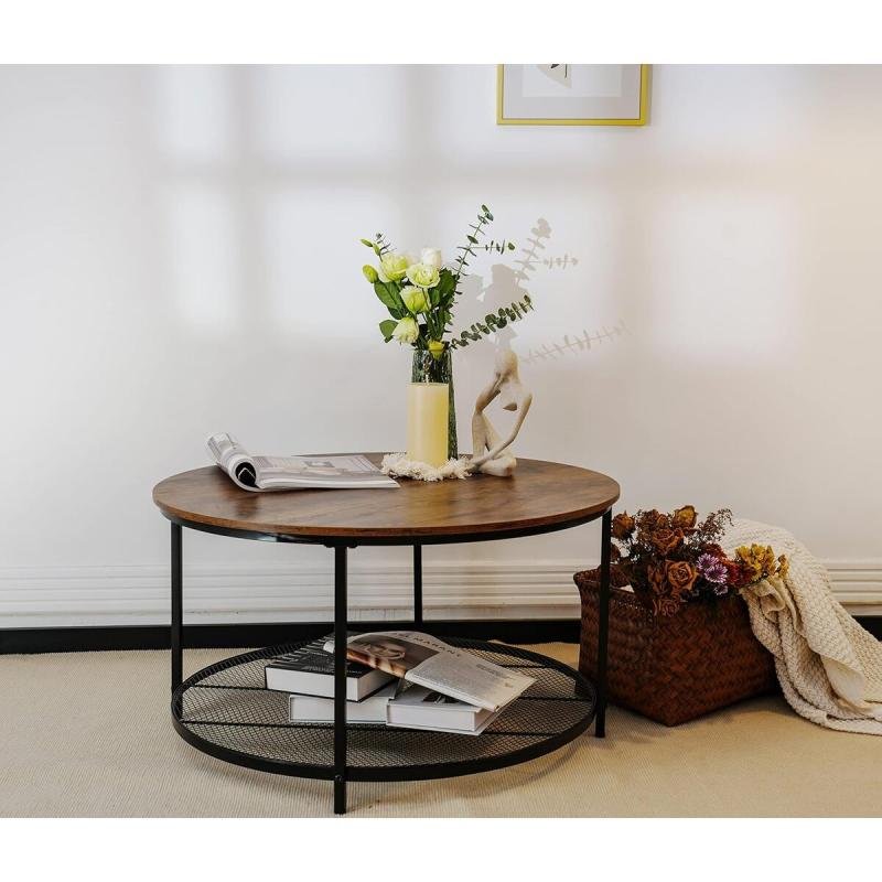 طاولة قهوة جانبية مستديرة مع رفين مفتوحين للتخزين لغرفة المعيشة 80 × 80 × 45 سم
