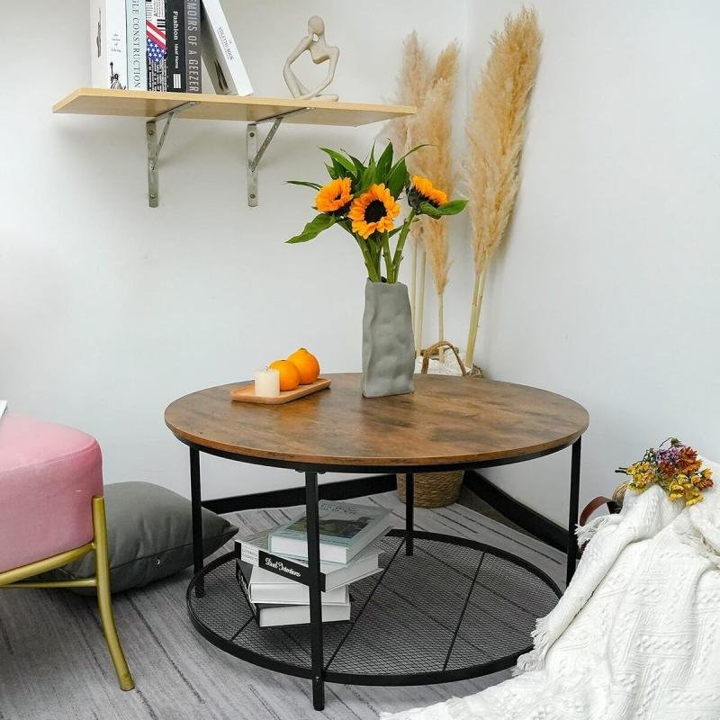 طاولة قهوة جانبية مستديرة مع رفين مفتوحين للتخزين لغرفة المعيشة 80 × 80 × 45 سم