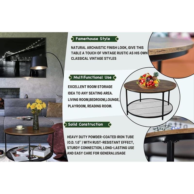 طاولة قهوة جانبية مستديرة مع رفين مفتوحين للتخزين لغرفة المعيشة 80 × 80 × 45 سم