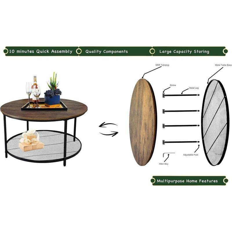 طاولة قهوة جانبية مستديرة مع رفين مفتوحين للتخزين لغرفة المعيشة 80 × 80 × 45 سم
